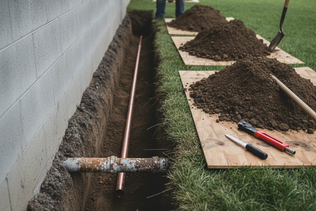 Excavated water line trench during Water Heater Repair in Holly Pond